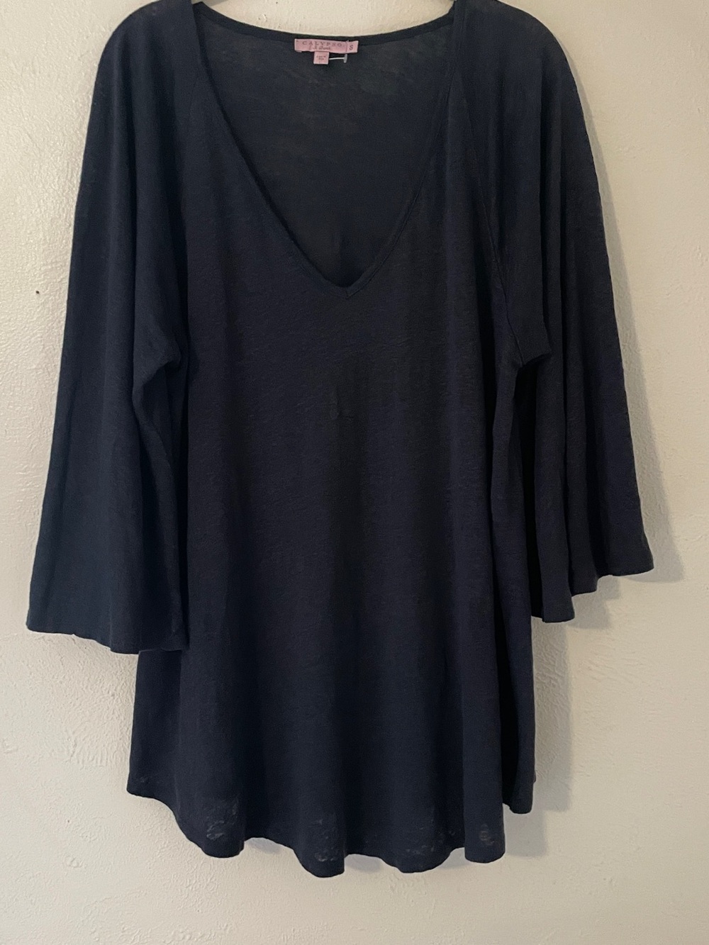 Calypso St Barth 100% Linen Slate Navy Tunic Top Deep V Batwing Sleeve Size S